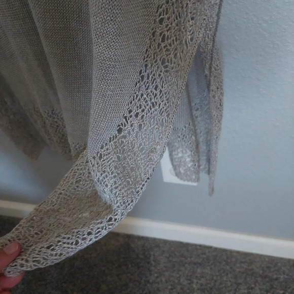 Eileen Fisher Linen Crocheted trim Lagenlook Tan open Knit Blouse Medium - Picture 8 of 9